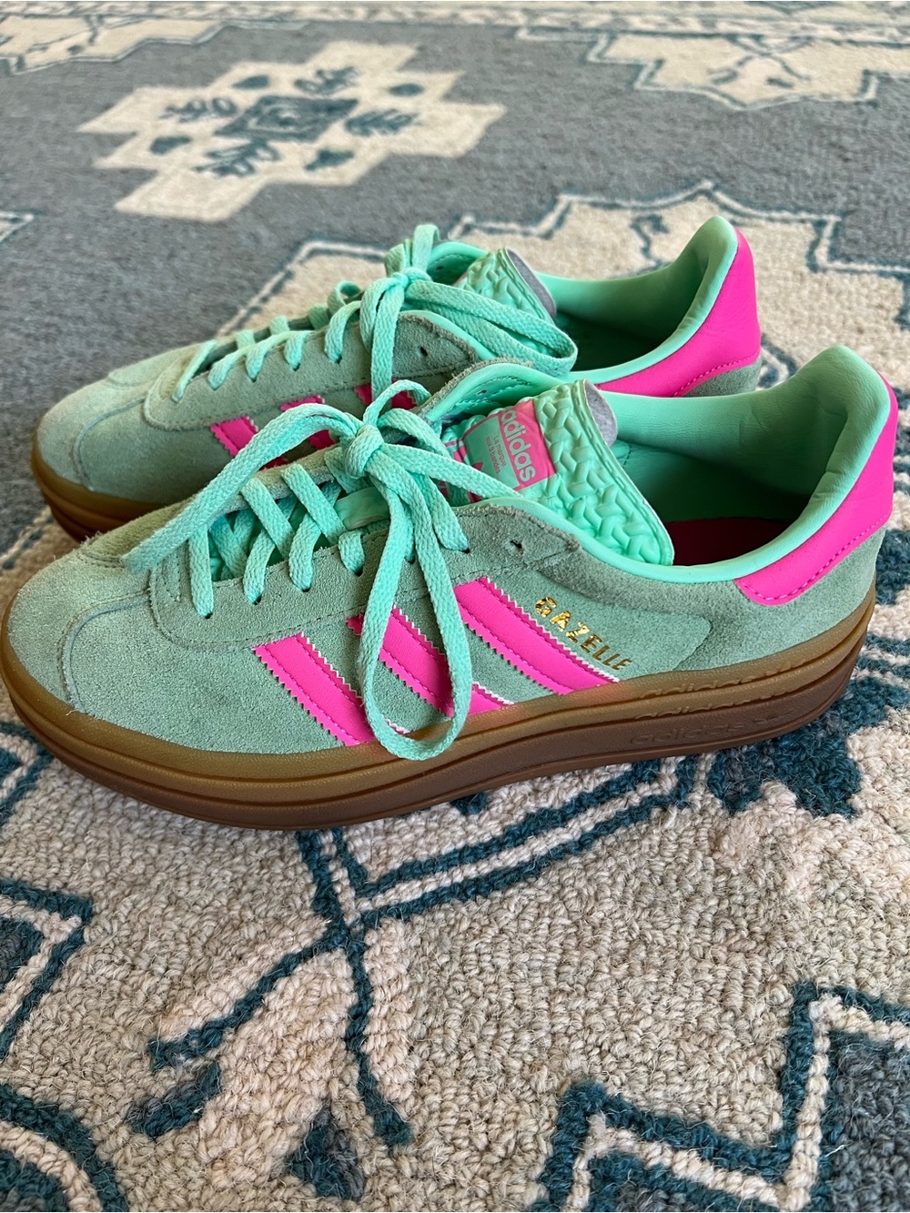 adidas platform Gazelle Women’s Mint Green & Hot Pink Suede Sneakers